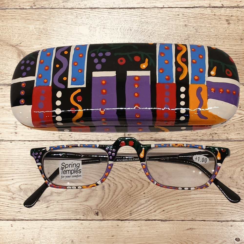 Women's Hand Painted Reader Glasses (+1.00) & Matching Hand Painted Hard Case